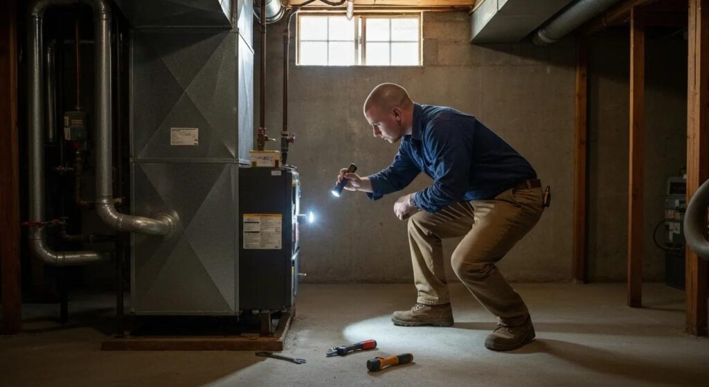 technician inspecting furnace in residential basement