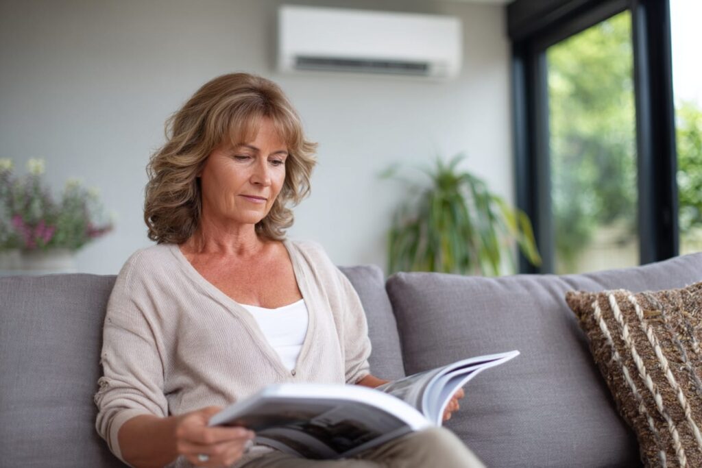 homeowner reviewing ac replacement options in catalogue with ductless ac behind her