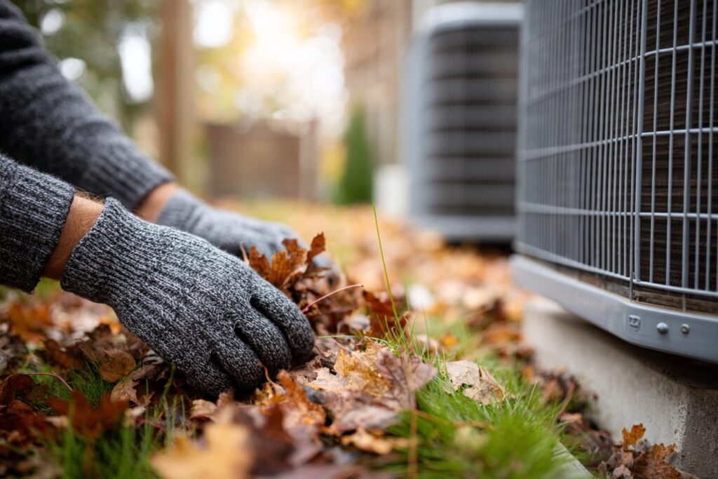 Clearing leaves and debris from around an outdoor AC unit, a safe check a homeowner can do