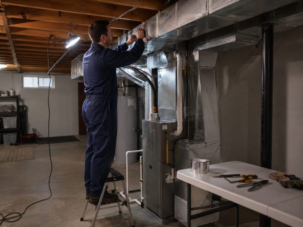 HVAC technician working on furnace ductwork in a basement where an air conditioner coil is being fitted