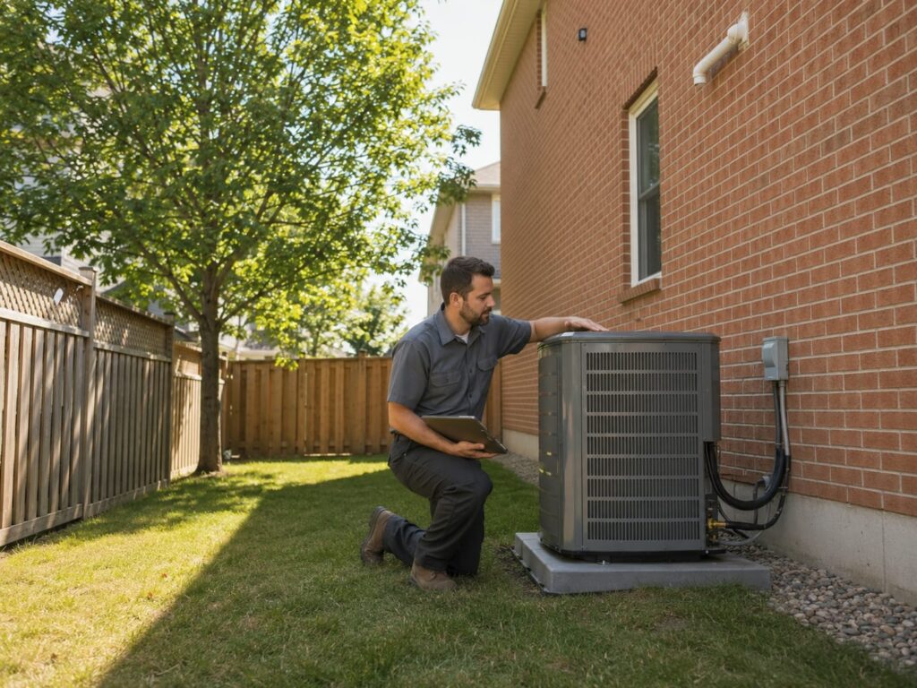 HVAC technician kneeling beside a new outdoor air conditioner unit at a brick home in Kitchener-Waterloo