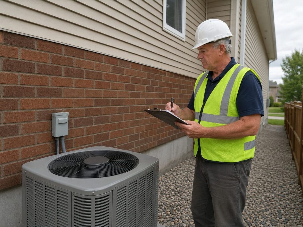 Building inspector with a clipboard examining an outdoor air conditioner unit beside a suburban home