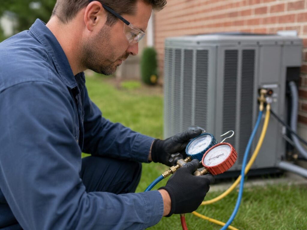 Certified HVAC technician using refrigerant gauges at an outdoor air conditioner during a replacement
