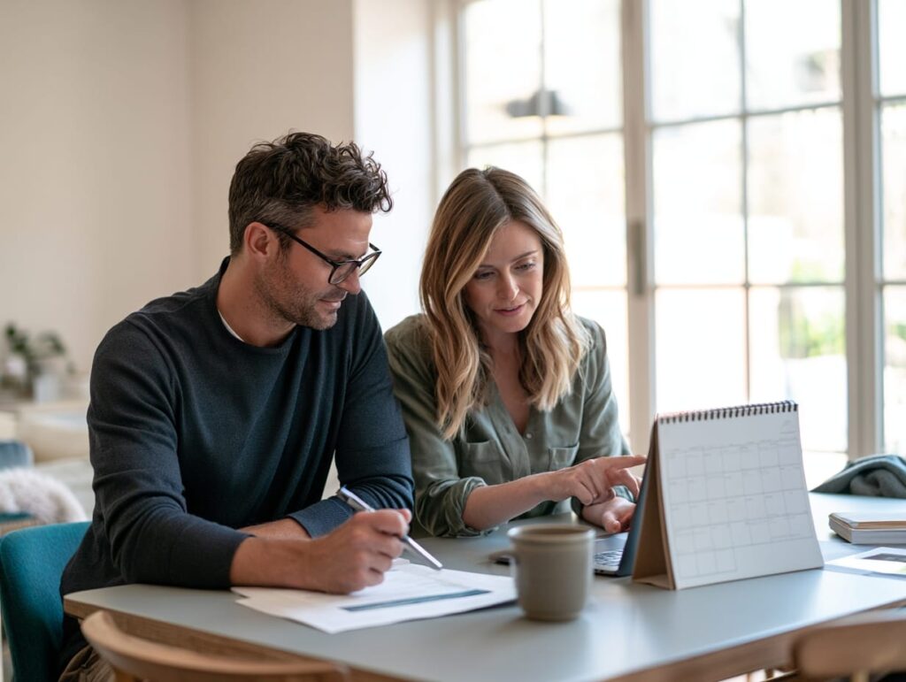 Couple reviewing a home improvement quote and a wall calendar while planning an air conditioner replacement budget