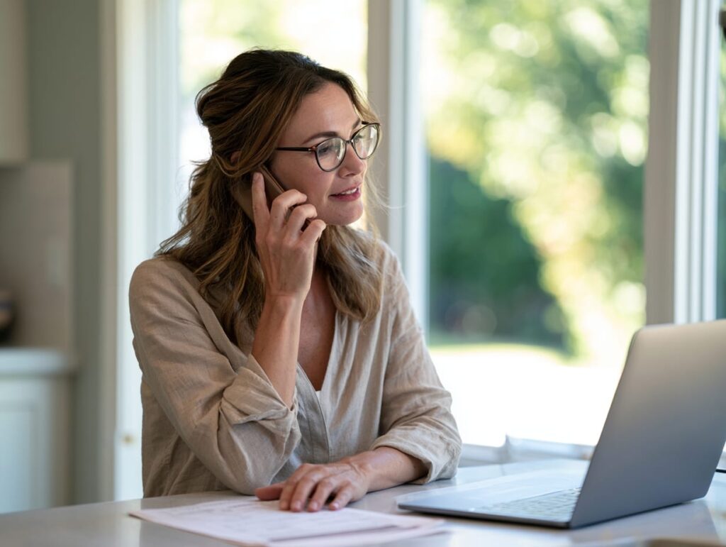 Homeowner phoning her city building division with permit paperwork in front of her