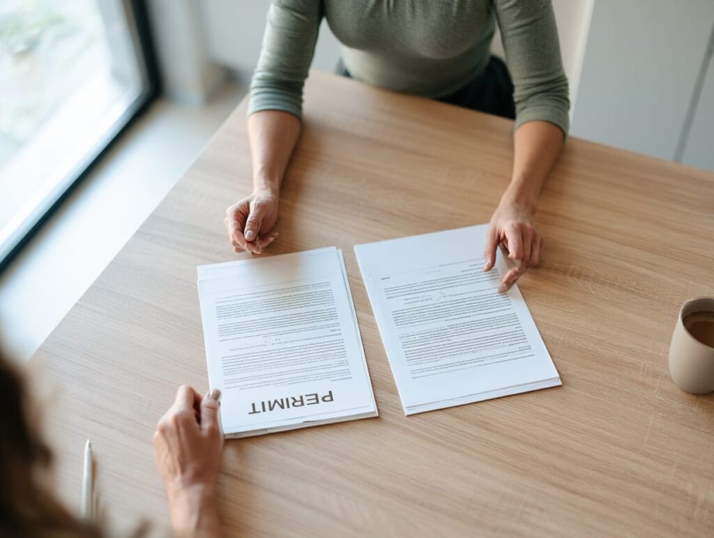 Homeowner comparing two separate permit documents side by side on a kitchen table
