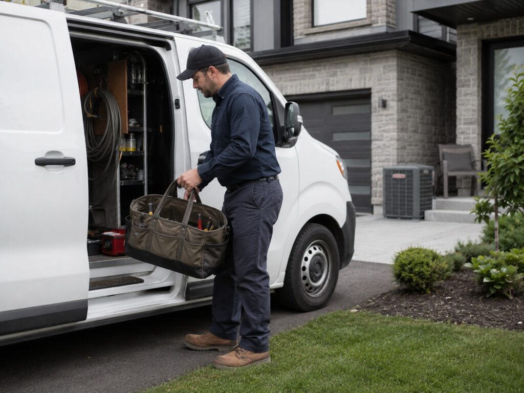 Technician lifting a tool bag from a plain white service van parked in a suburban driveway for an air conditioner repair call