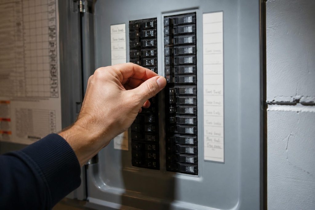 Hand resting on a breaker handle inside an open residential electrical panel on a basement wall
