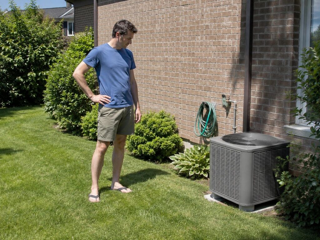 Homeowner standing beside a silent outdoor air conditioner unit at an Ontario home on a hot summer afternoon