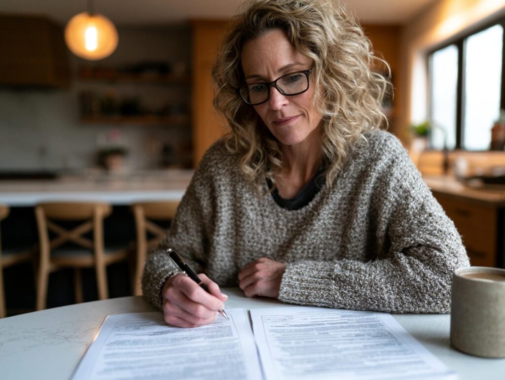 Homeowner comparing two written HVAC replacement estimates at a kitchen table