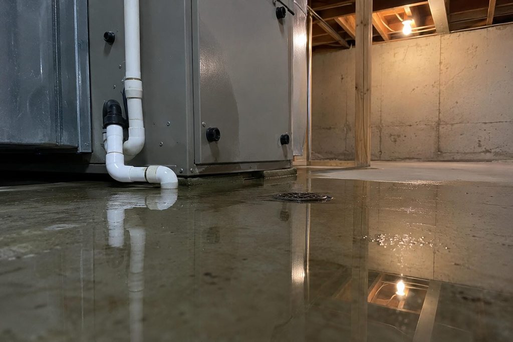 Shallow pool of water on a basement concrete floor beside the indoor air conditioning cabinet and its white drain line