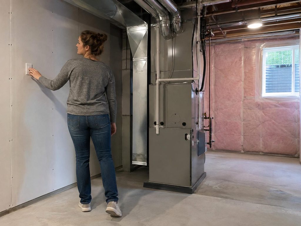 Homeowner reaching for the furnace service switch on a basement wall beside the indoor heating and cooling cabinet