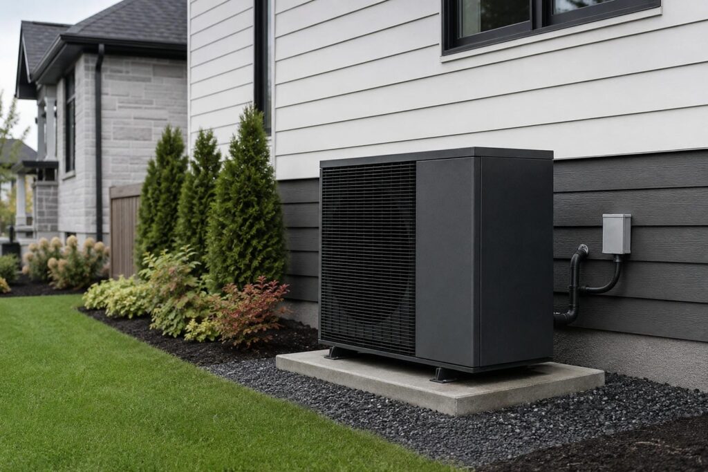 Modern outdoor heat pump unit installed beside a suburban Ontario home