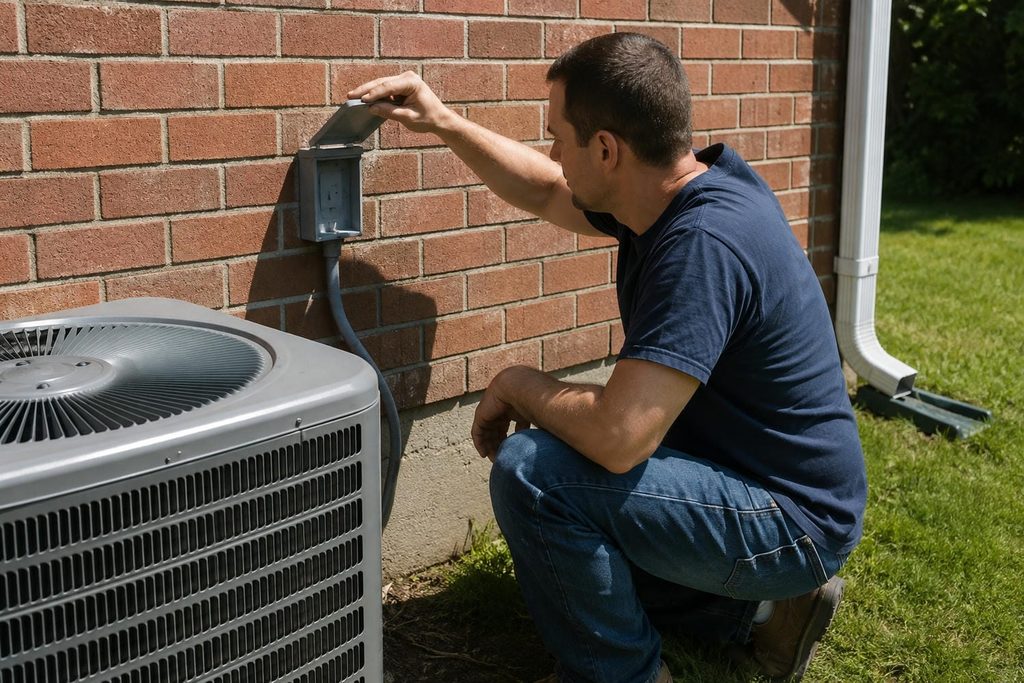Man crouching to open a small grey electrical disconnect box on the exterior wall beside an outdoor air conditioner
