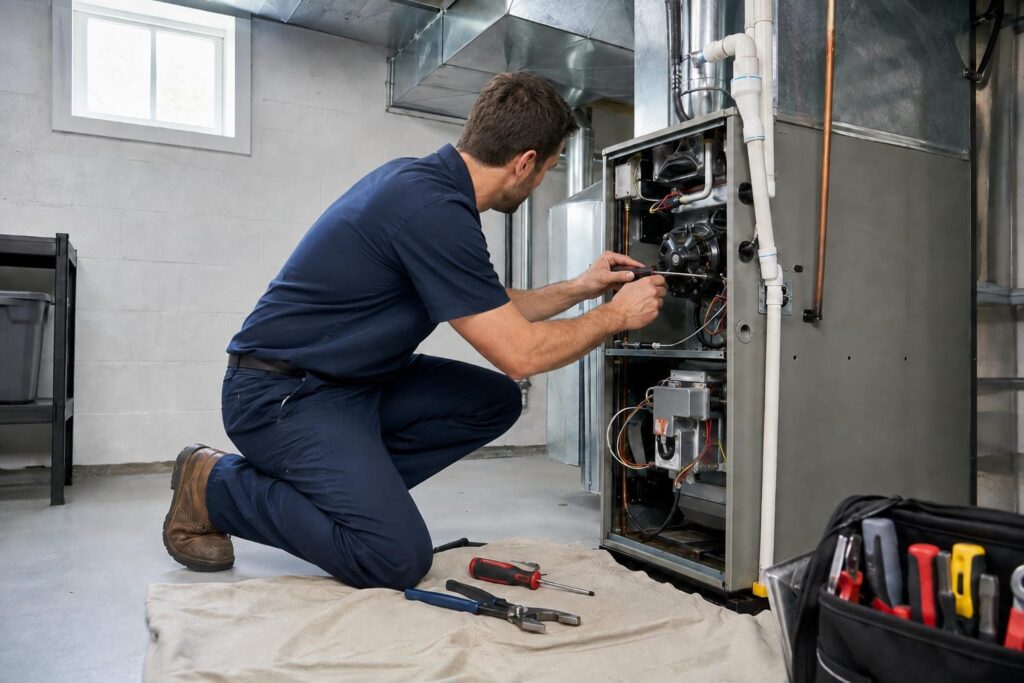 HVAC technician kneeling beside an open gas furnace during a furnace and air conditioner replacement in a Kitchener-Waterloo basement