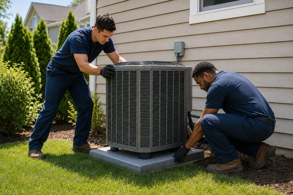 Two HVAC technicians installing a new outdoor air conditioner condenser beside a suburban Kitchener-Waterloo home in summer
