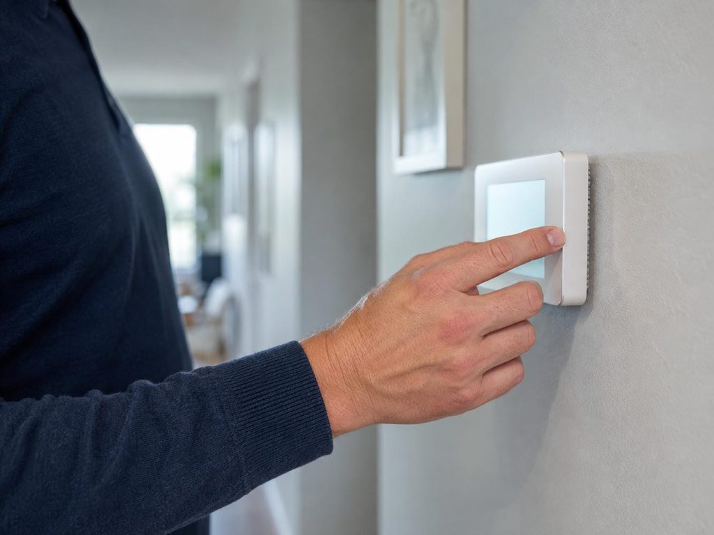 Homeowner adjusting a wall thermostat with one finger while working out why the air conditioner is not turning on