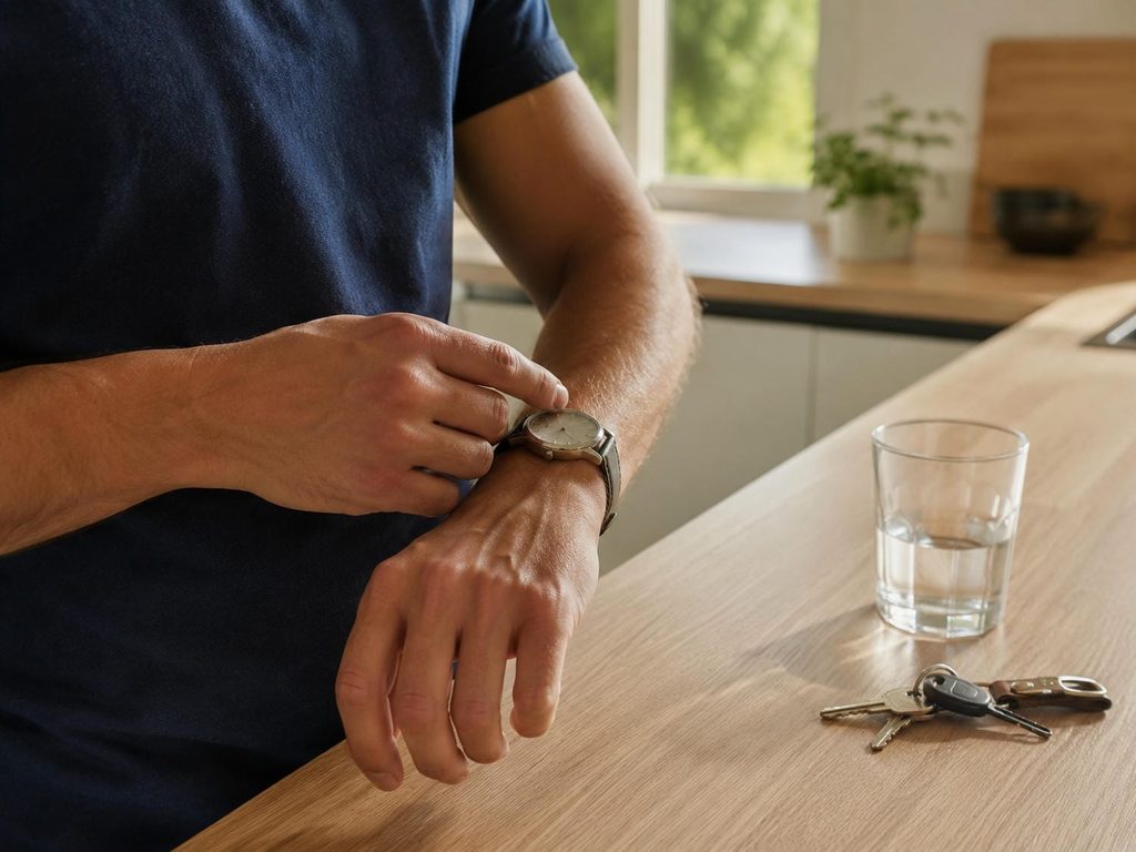 Homeowner checking a wristwatch in a sunlit kitchen while waiting ten minutes before troubleshooting the air conditioner