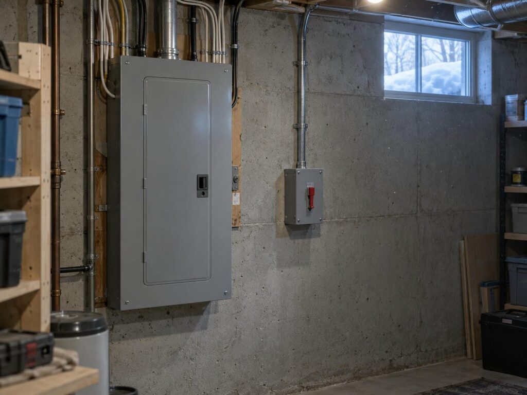 Closed grey electrical panel and a red toggle service switch on a painted basement wall with nobody in the room