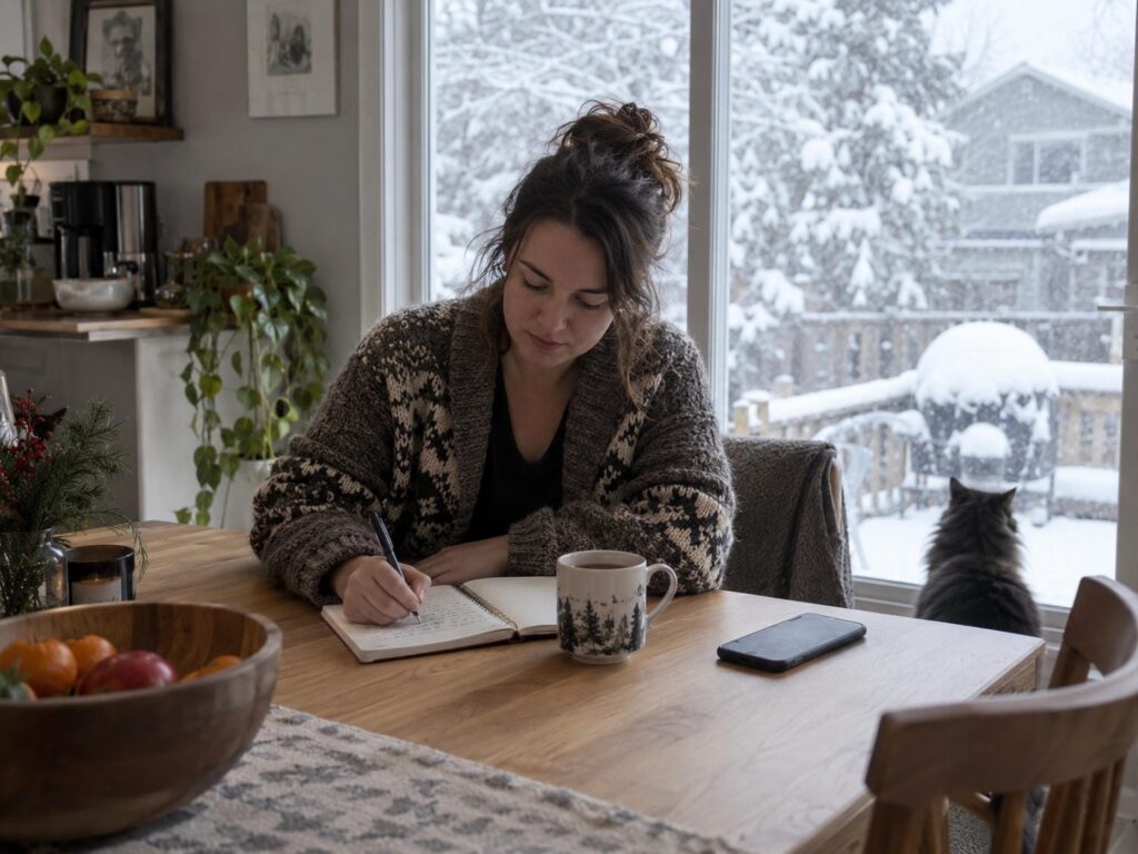 Person at a kitchen table writing dates and weather notes in a small paper notebook while snow falls outside the window