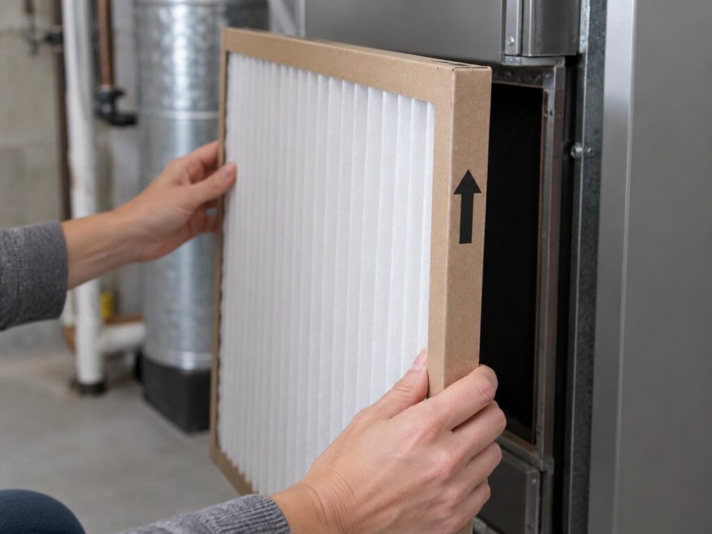 Hands holding a new pleated furnace filter upright beside its slot, with a large printed arrow visible on the cardboard frame.