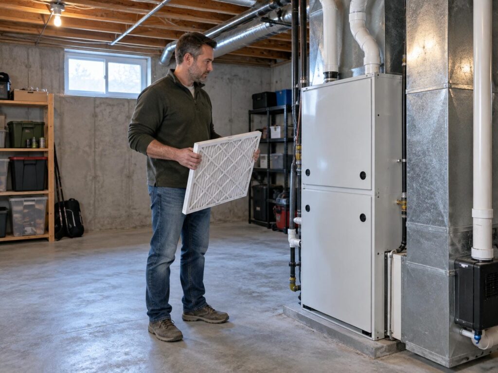 Homeowner standing beside a closed gas furnace in an Ontario basement, holding a new pleated furnace filter after the furnace stopped running.
