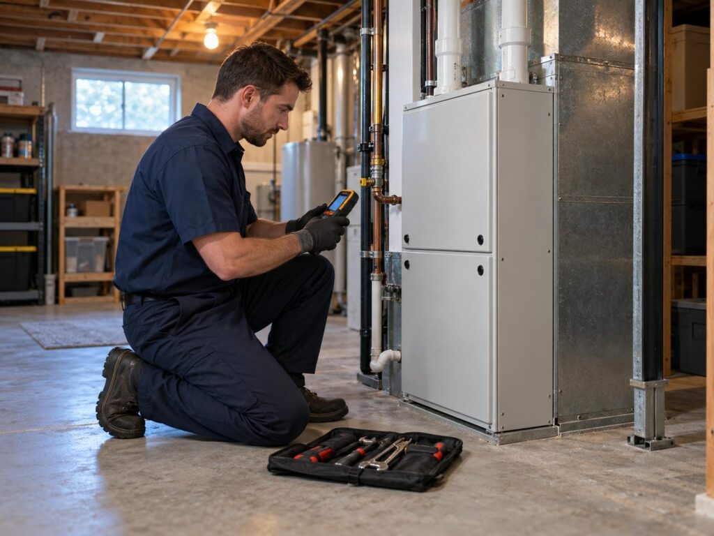 HVAC technician kneeling beside a closed basement gas furnace, reading a small handheld meter while checking airflow.