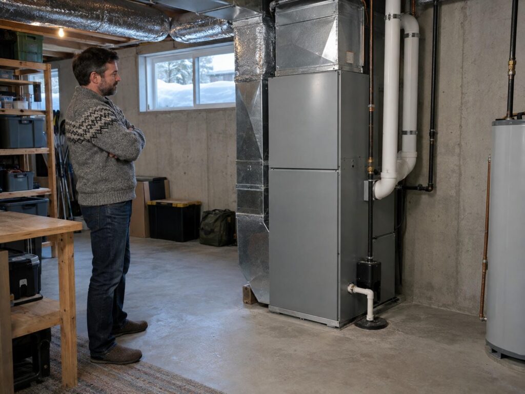 Homeowner in a wool sweater standing back from a gas furnace in an Ontario basement with snow banked against the window outside