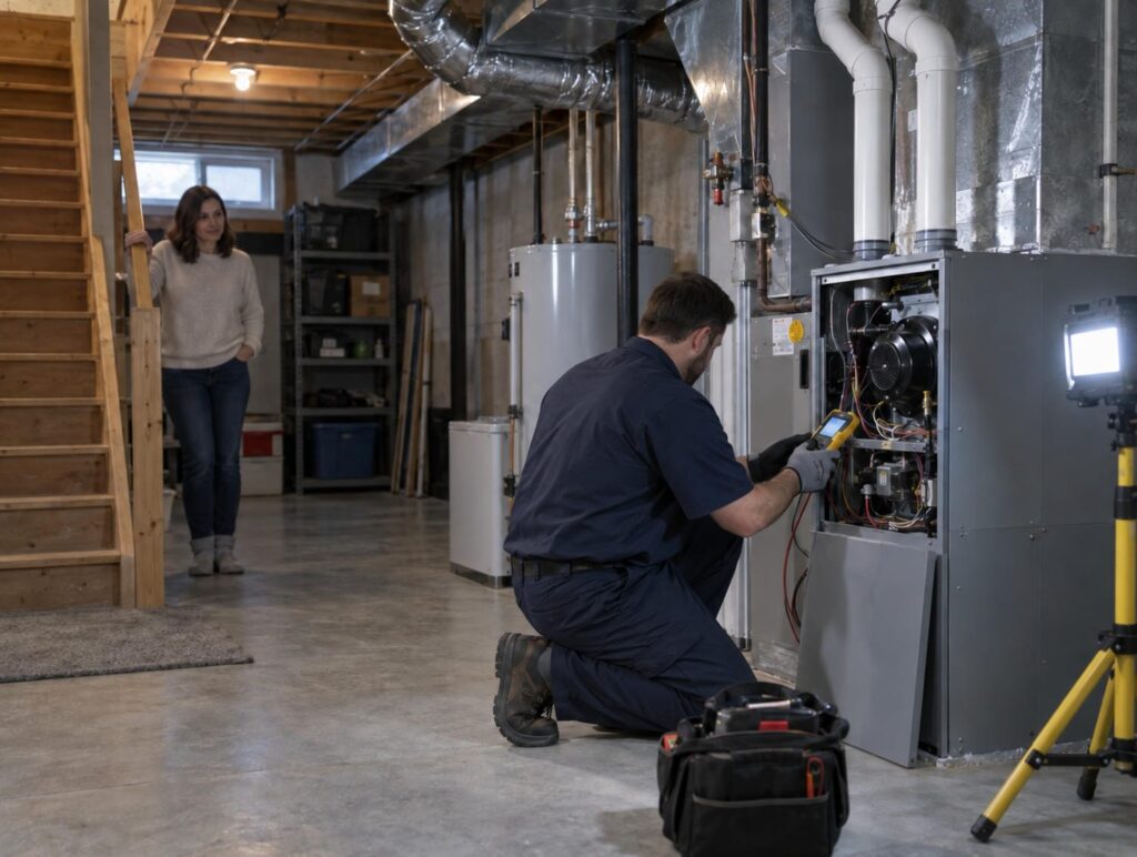 Heating technician kneeling with a meter at an open furnace cabinet while the homeowner watches from the bottom of the basement stairs