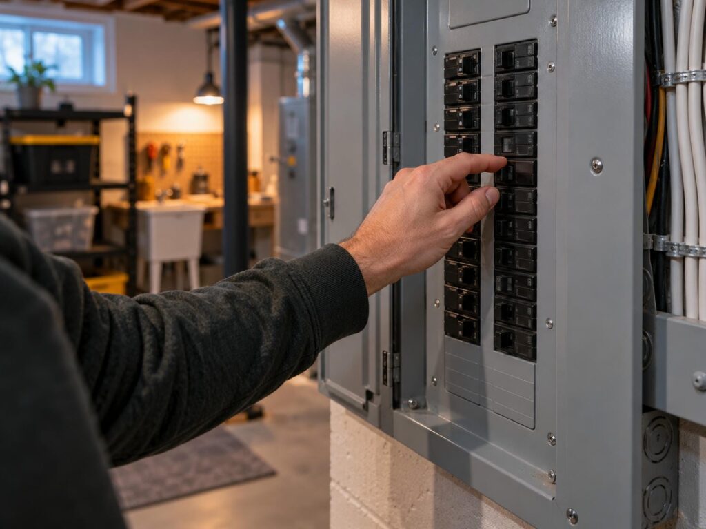 A homeowner's hand reaching toward one breaker in an open residential electrical panel on a basement wall.