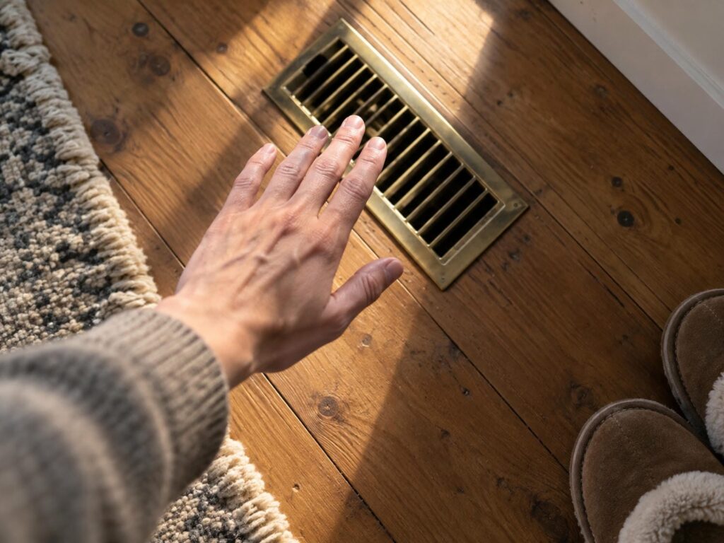 Open hand held just above a metal floor register in a wood floored hallway as low winter morning sunlight crosses the boards