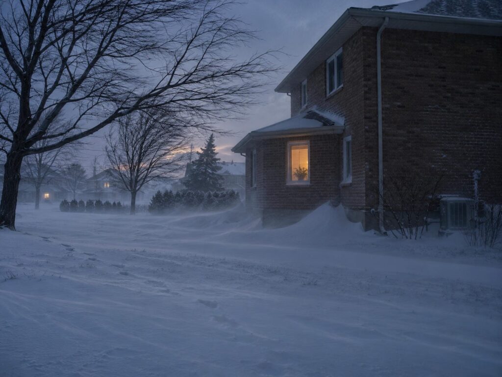 Wind driven snow streaming across the side yard of a two storey brick house at dusk with drifts curling against the foundation