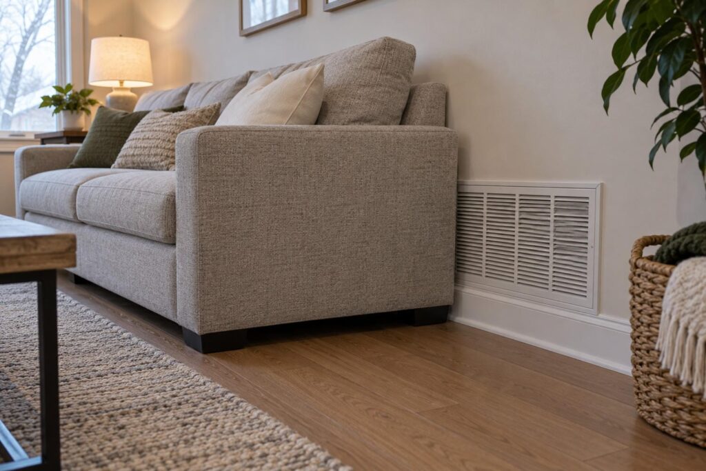 Sofa pushed back against a wall covering most of a return air grille in a living room, restricting the air a furnace needs