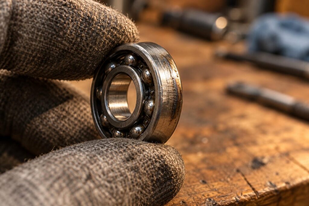 Worn steel ball bearing held between a technician's gloved fingers, scored and discoloured along one edge of the polished race