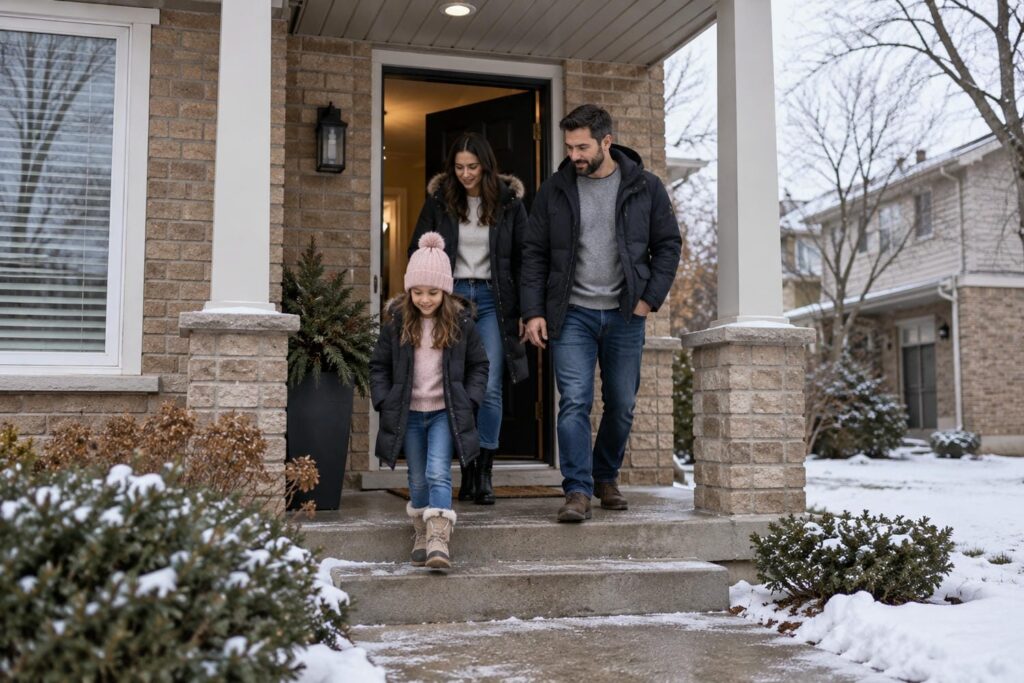 Family stepping calmly out the front door of an Ontario house onto a snowy porch to get to fresh air
