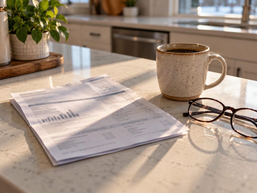 Paper electricity bill and a coffee mug on a kitchen counter in morning light, where the cost of running a furnace fan shows up
