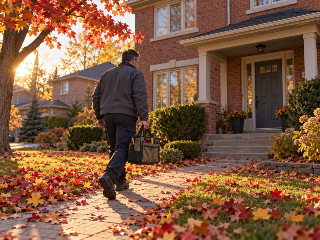Heating technician carrying a canvas tool bag up the front walk of a brick house with fallen autumn maple leaves scattered across the path