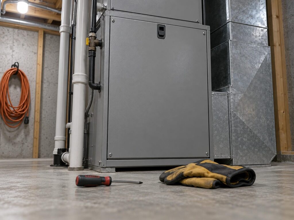 Closed furnace access panel with a screwdriver and a pair of work gloves left untouched on the basement floor in front of it