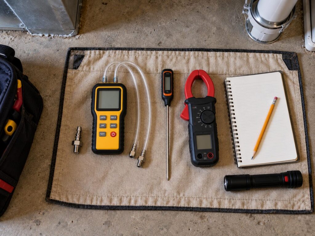 Manometer, probe thermometer and clamp meter laid out on a cloth on a basement floor before a furnace diagnosis