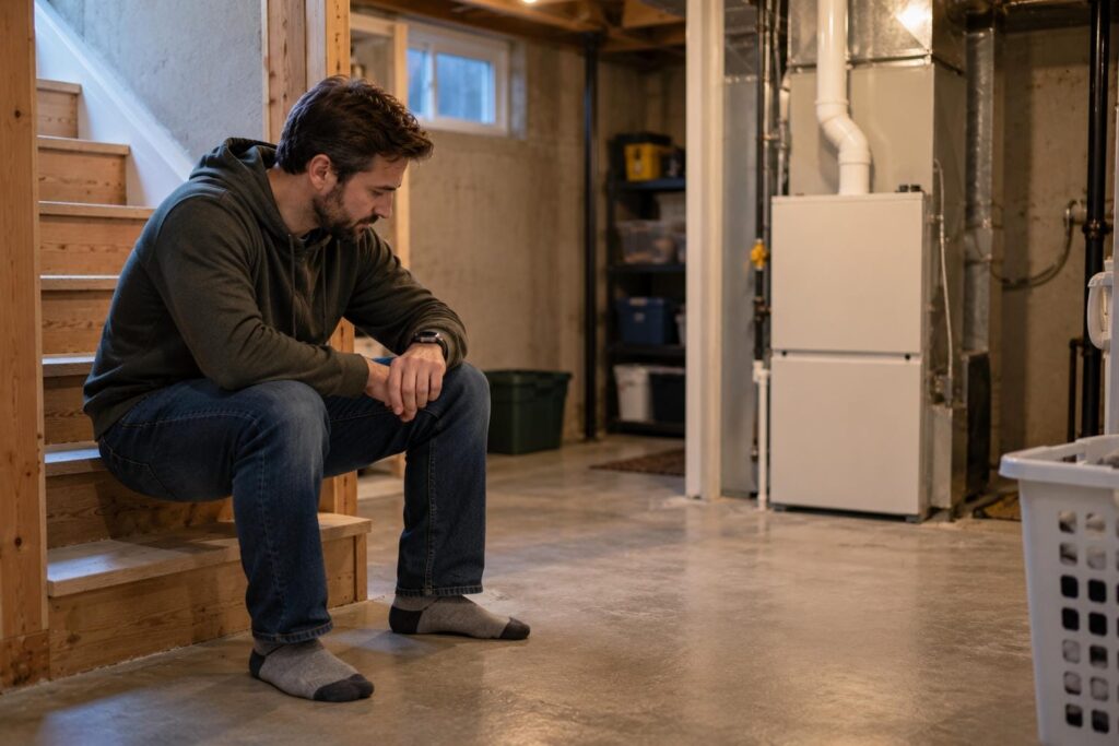 Homeowner sitting on the basement stairs checking a wristwatch while the furnace blower finishes its fan-off delay