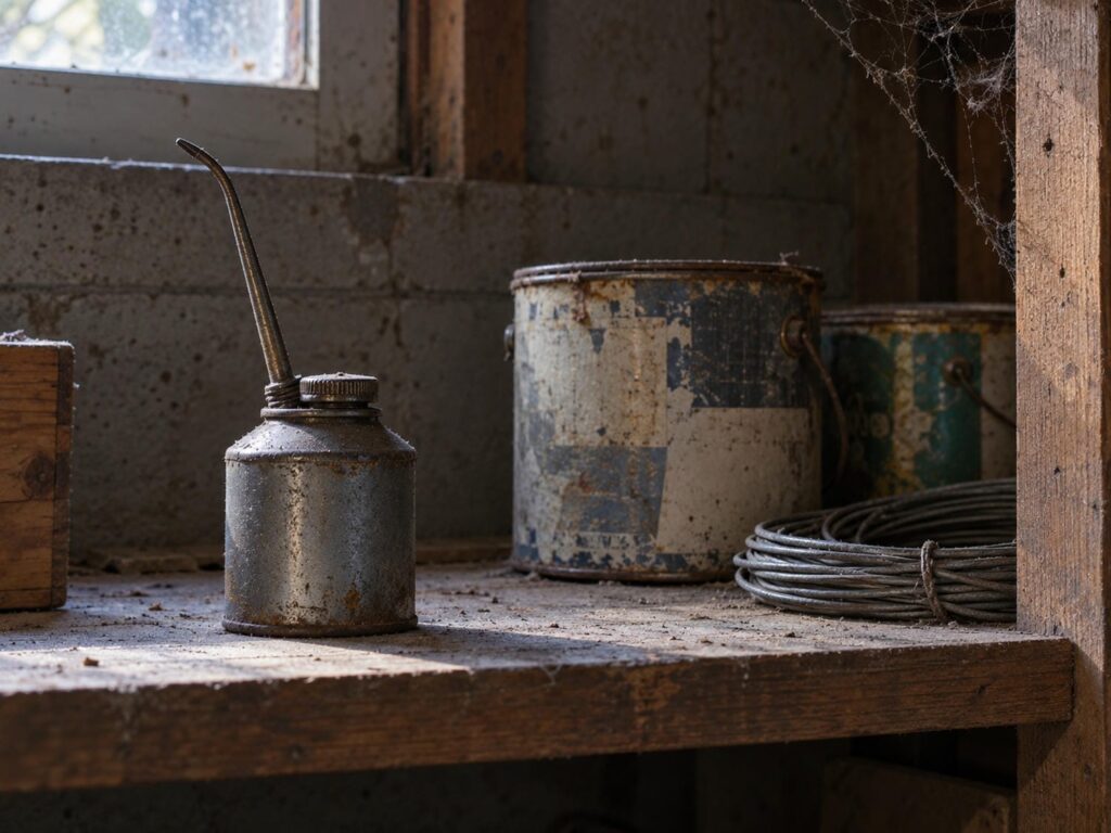 Capped metal oil can with a long spout standing unused on a dusty basement shelf beside old paint tins