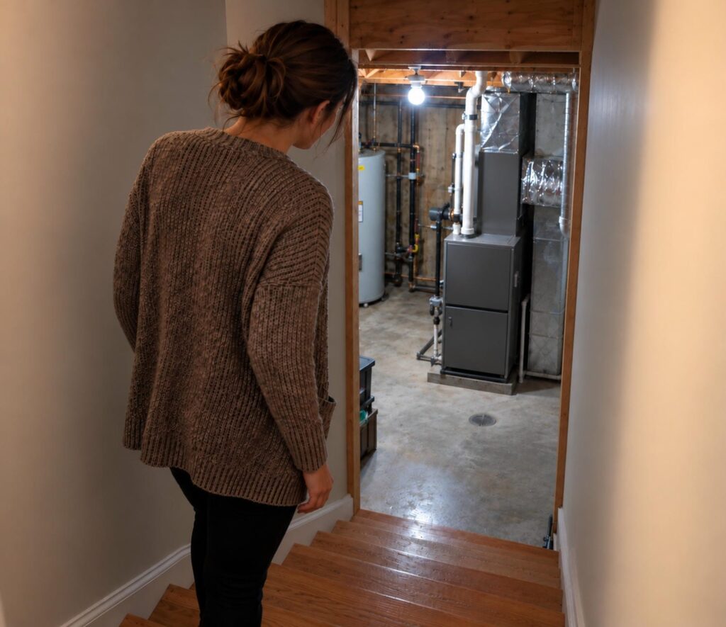 Homeowner pausing halfway down the basement stairs with her head tilted, listening to the gas furnace running below in a Kitchener-Waterloo home