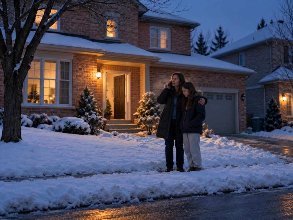 Mother and teenager standing out on a snowy front lawn at dusk making a phone call, with the front door of the house left open behind them