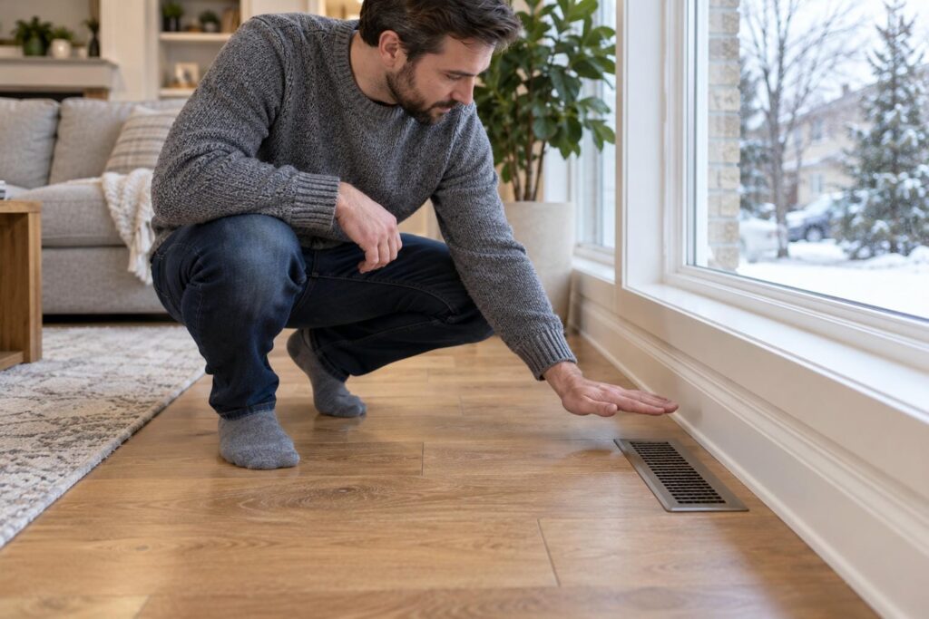 Homeowner holding a hand over a floor supply register to feel whether the air is warm while the furnace fan runs