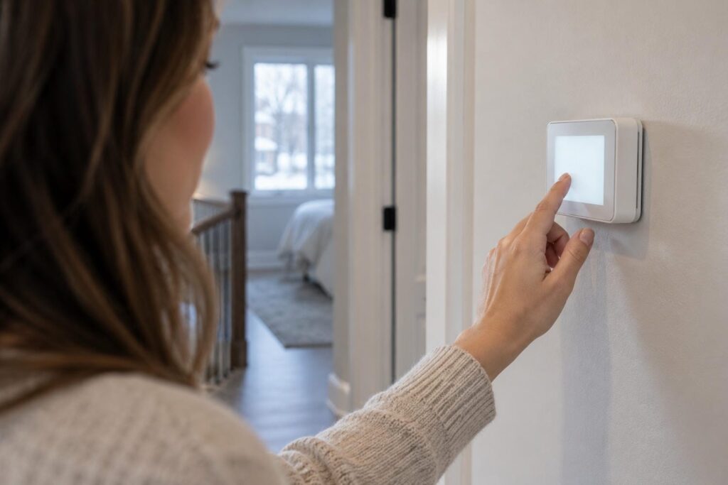 Woman changing the fan setting on a wall thermostat in a bright hallway of an Ontario home