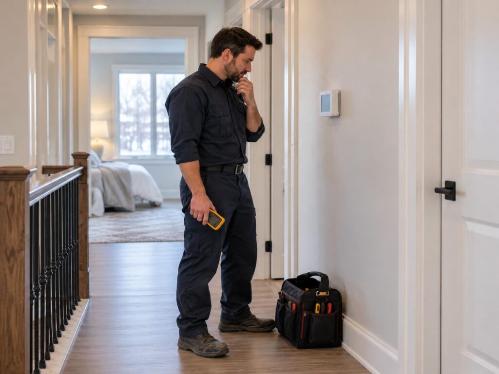 HVAC technician standing beside a wall thermostat with a meter and tool bag in a Kitchener home hallway