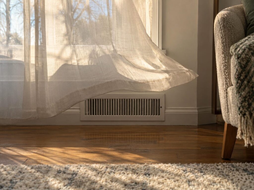 Sheer curtain lifting away from a painted wall register as warm air begins to move through a quiet living room