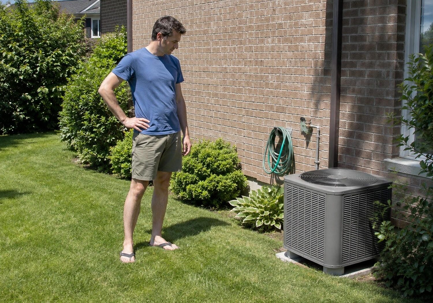 Homeowner standing beside a silent outdoor air conditioner unit at an Ontario home on a hot summer afternoon