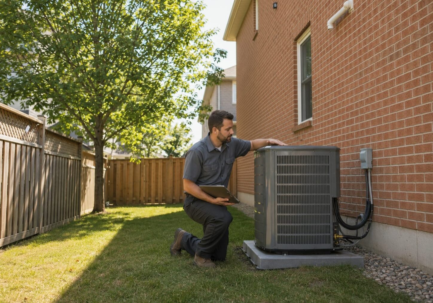 HVAC technician kneeling beside a new outdoor air conditioner unit at a brick home in Kitchener-Waterloo