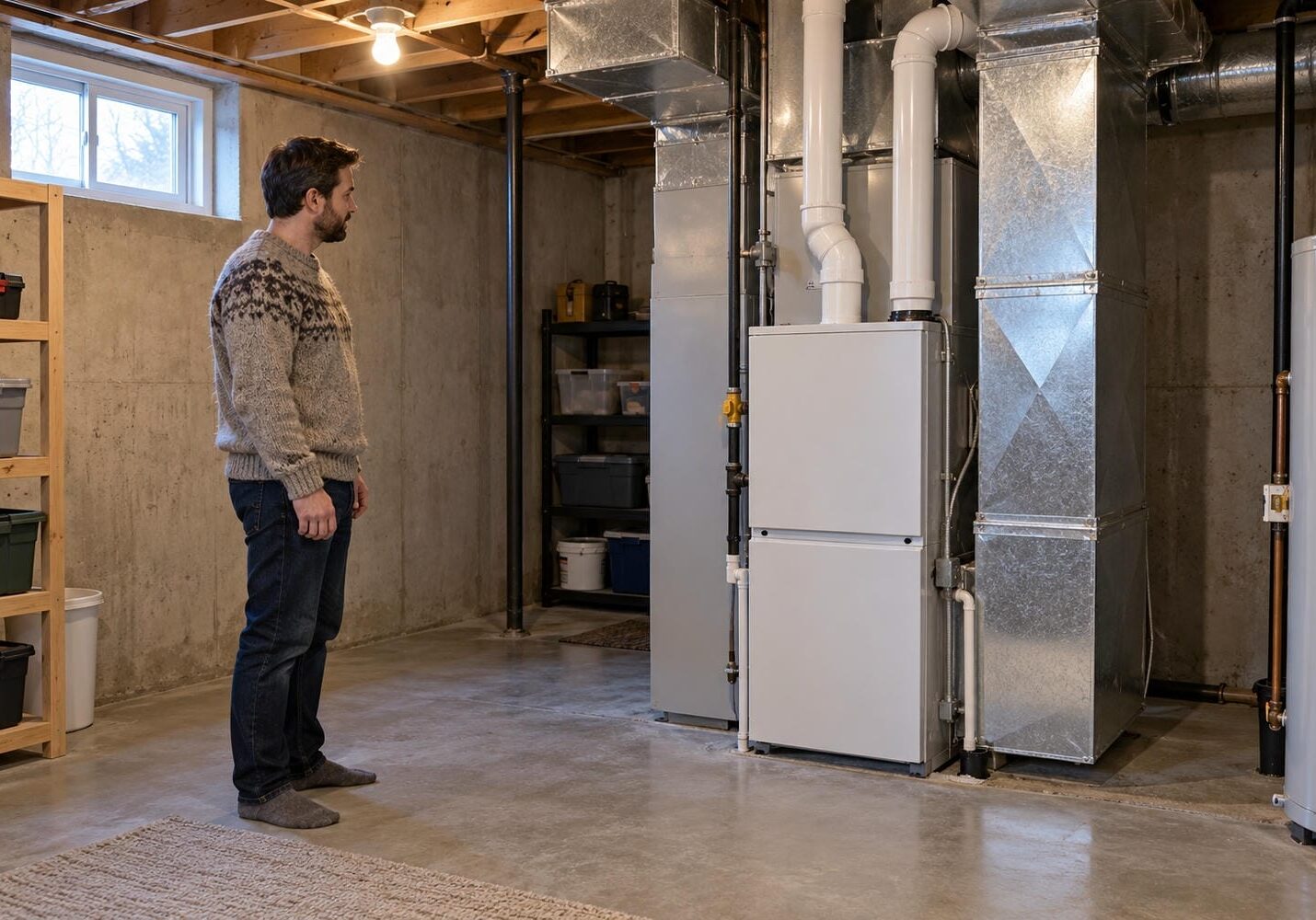 Homeowner standing beside a high-efficiency gas furnace in a Kitchener-Waterloo basement while the furnace fan will not turn off